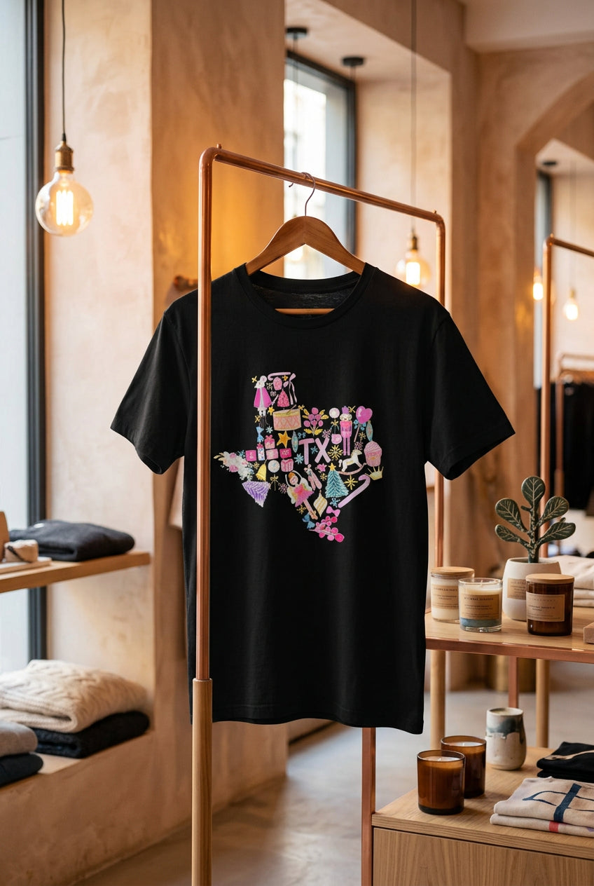 A black short-sleeve t-shirt hanging on a wooden hanger against a black wire grid display wall. The front of the shirt features a colorful graphic of the state of Texas filled with various pink, purple, yellow, and white fashion and beauty icons, alongside the text 'TX'.