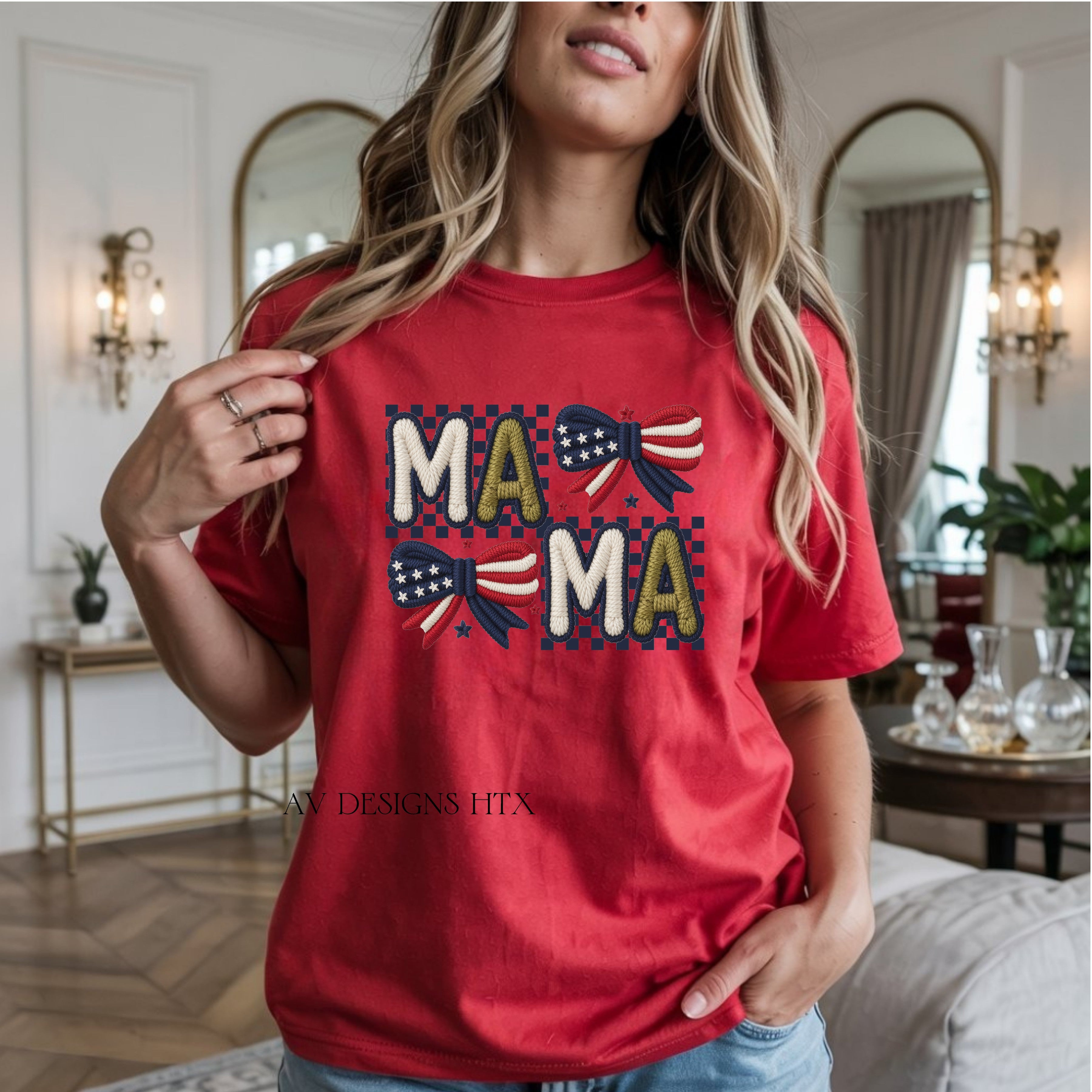 Red White & Blue Faux Yarn Mama Tee