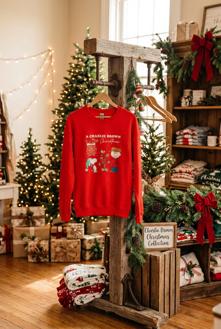 A red long-sleeve crewneck sweatshirt featuring a ' Christmas' graphic print with a boy and his dog, displayed on a white mannequin with denim shorts against a white wood-paneled background.