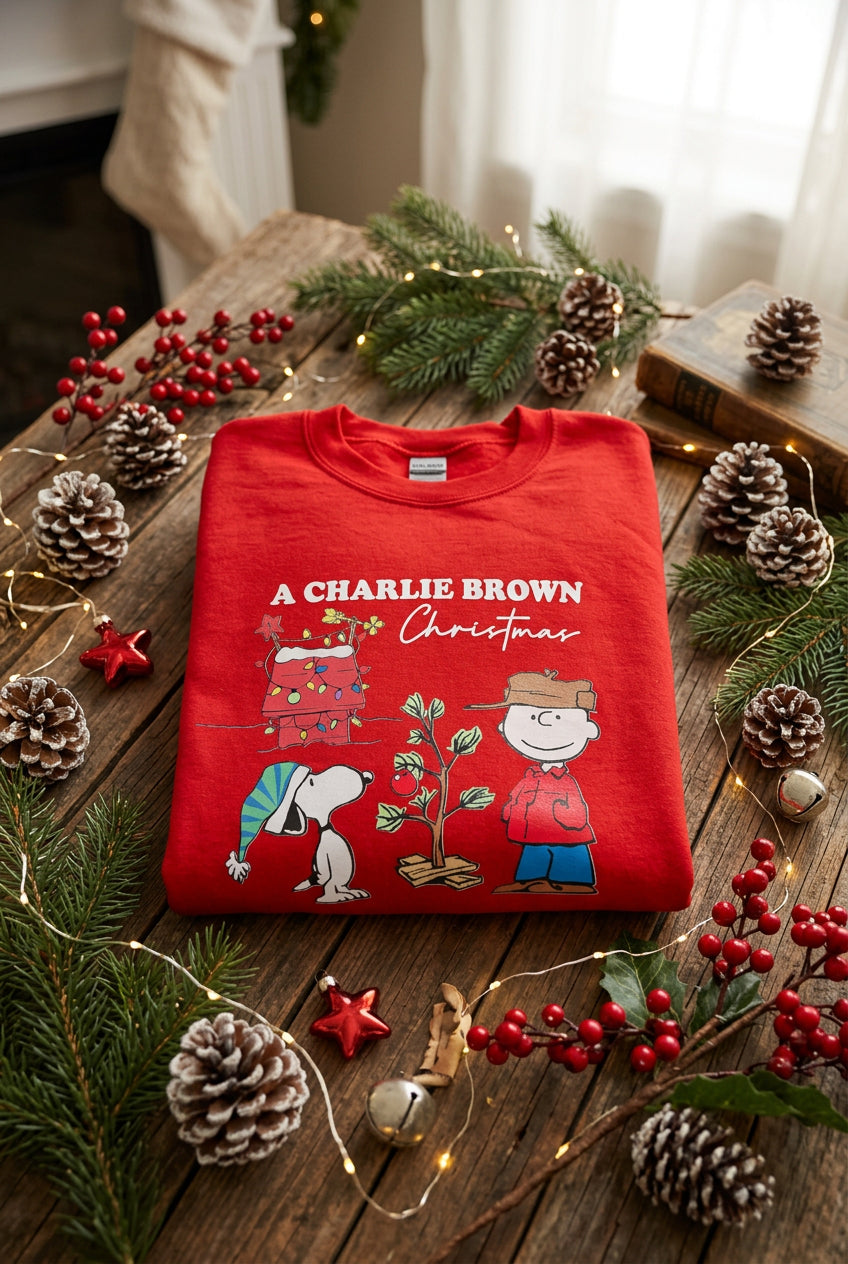 A folded red crewneck sweatshirt featuring a 'Christmas' graphic print with boy and his dog on a white background.