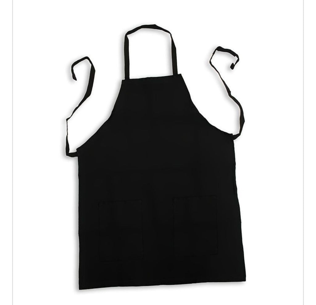 A black bib apron with neck and waist straps and two front pockets, shown flat against a white background.