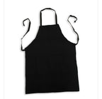 A black bib apron with neck and waist straps and two front pockets, shown flat against a white background.