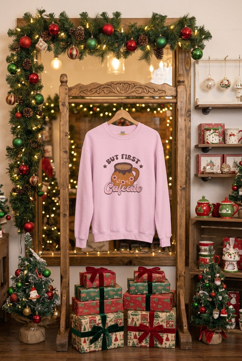 A light pink crewneck sweatshirt hanging on a wooden hanger against a wall backdrop. The sweatshirt features a graphic print of a taza de cafecito with the words 'BUT FIRST Cafecito' in stylized lettering.