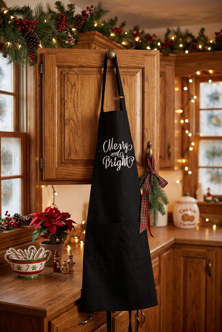 A black kitchen apron with 'Merry and Bright' written in white script hangs on a wooden cabinet in a cozy, warmly lit holiday kitchen decorated with garlands, lights, and poinsettias.