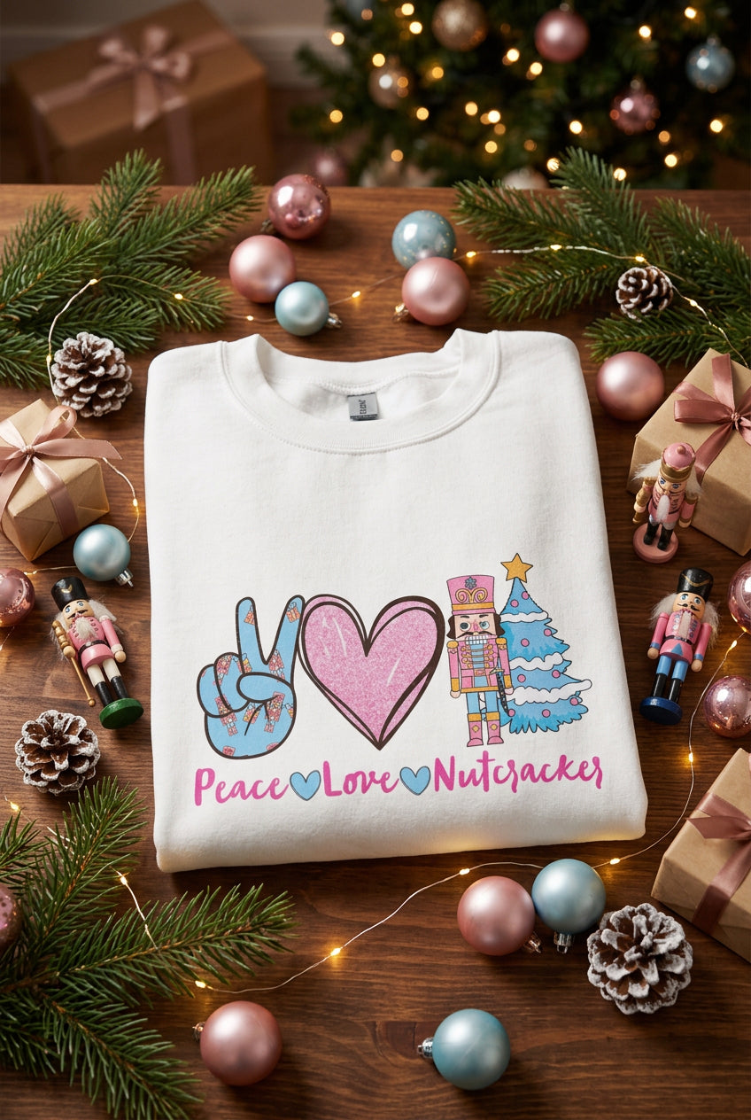 A folded white crewneck sweatshirt featuring a colorful graphic of a peace sign hand, a pink glitter heart, a nutcracker, a blue Christmas tree, and the text 'Peace Love Nutcracker' in pink and blue.