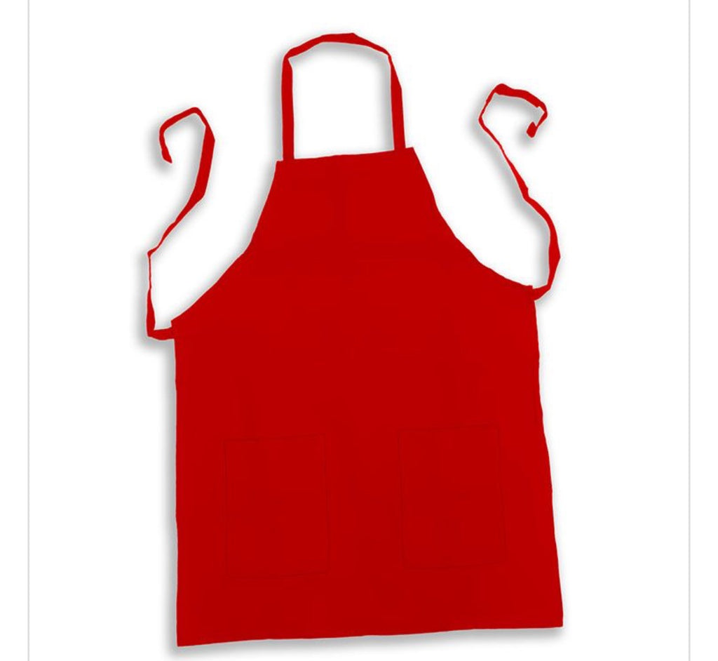 A bright red bib apron with neck and waist ties, displayed flat against a white background.